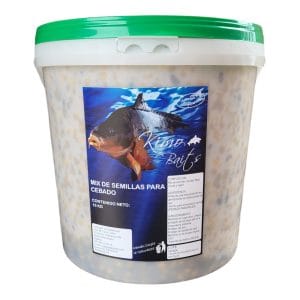 Semillas para cebado carpfishing en formato cubo de 15 kg, ideal para cebar grandes zonas y atraer carpas