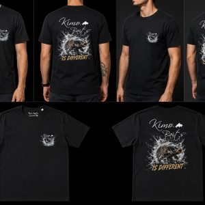 camiseta negra carpfishing Kimo Baits con carpa splash diseño pesca deportiva